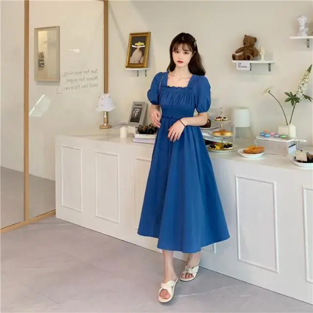 

summer 2021 new women's over-the-knee long skirt vintage French high waist slimming square neck short-sleeved dress female skirt