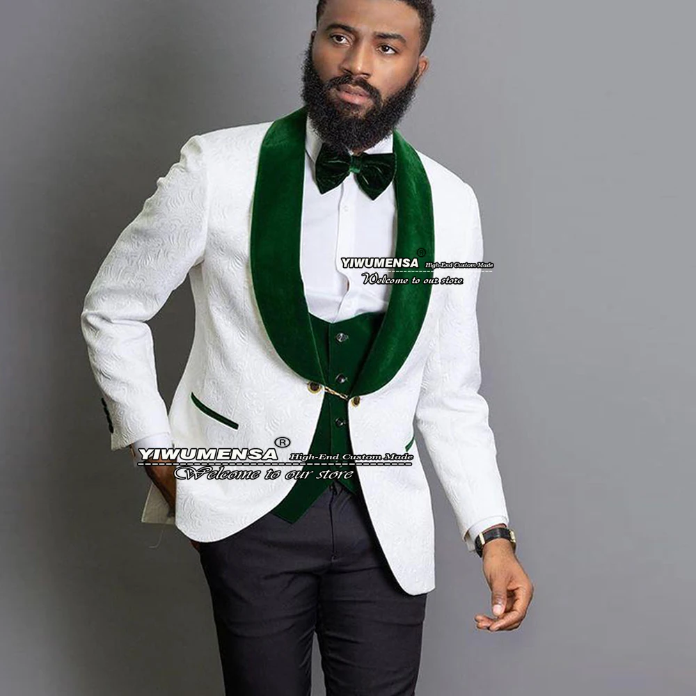 

3 Pieces Men Suits White Floral Jacquard Wedding Tuxedos Slim Fit Green Velvet Blazer+Vest+Pants Groomsman Trajes De Hombre