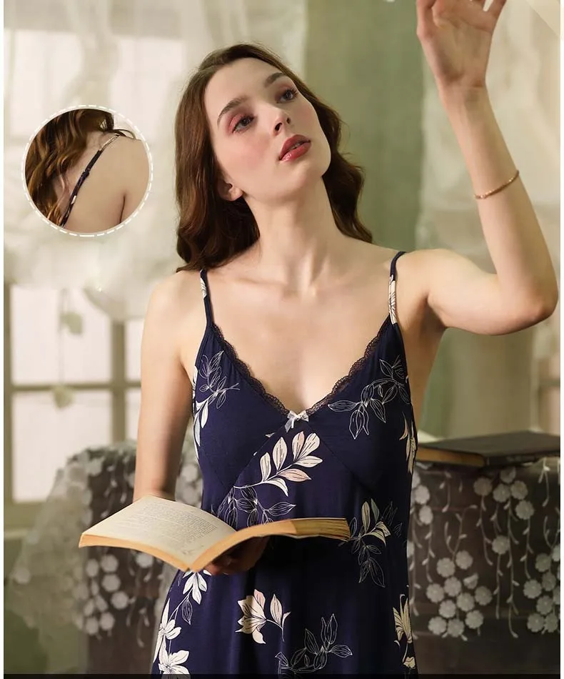 

Summer Women Modal Nightgown Nigthdress Sexy Lace Suspender Skirt Sleepwear Female Soft Nightwear Casual Sleep Dress Home Wear