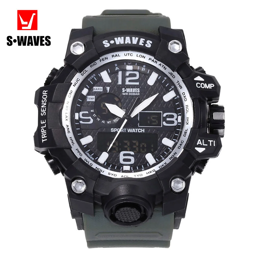 

Dual Display Watches for Men Clock Quartz Plastic Analog Digital Montre Homme Luxury Waterproof Green Military Watch Men SWAVES