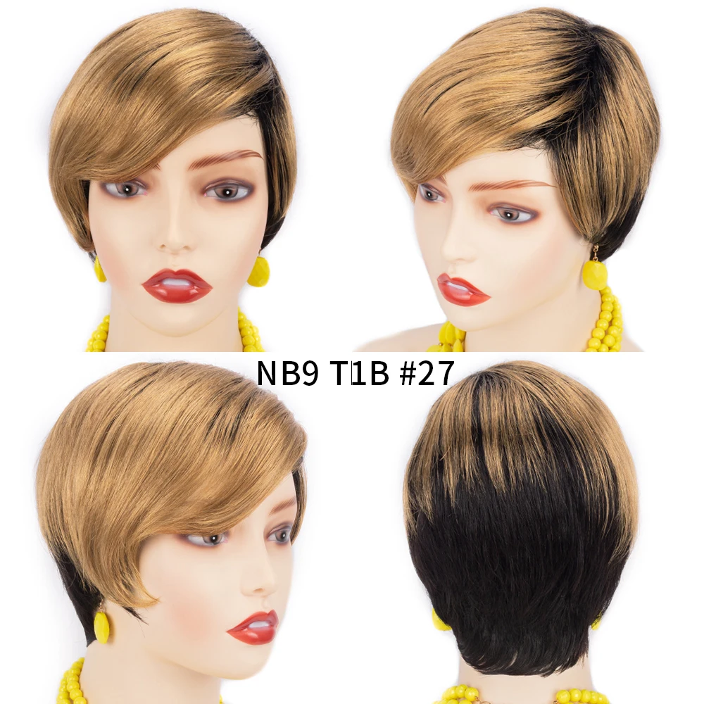 Pixie Cut Human Hair Wig Short Bob Straight Full Machine Made Ombre Blonde Burgundy Wigs Cheap Human Hair Wigs For Black Women