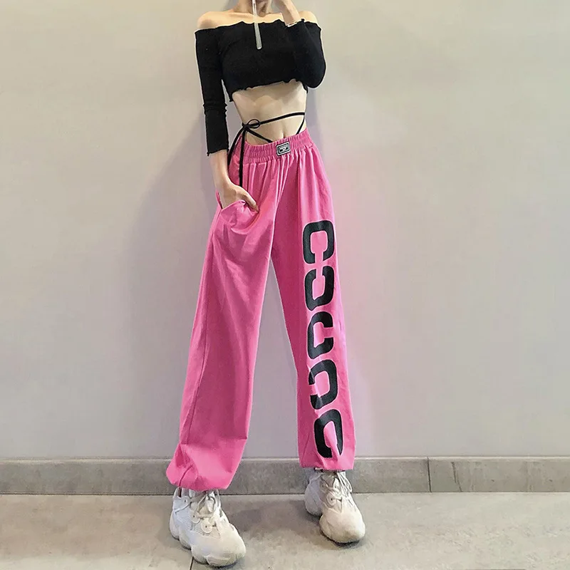 

Pure Pink Loose High Waist Fashion Letter Printing Label Drawstring Casual Pants Sports Trousers 2021 New Autumn Streetwear