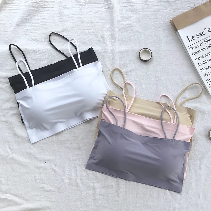

2021 Sexy for Summer Women's Crop Top 1Pcs Pure Clor Short Top Ice Silk Wrapped Bandeau Bra Women's Underwear Sleeveless Elastic
