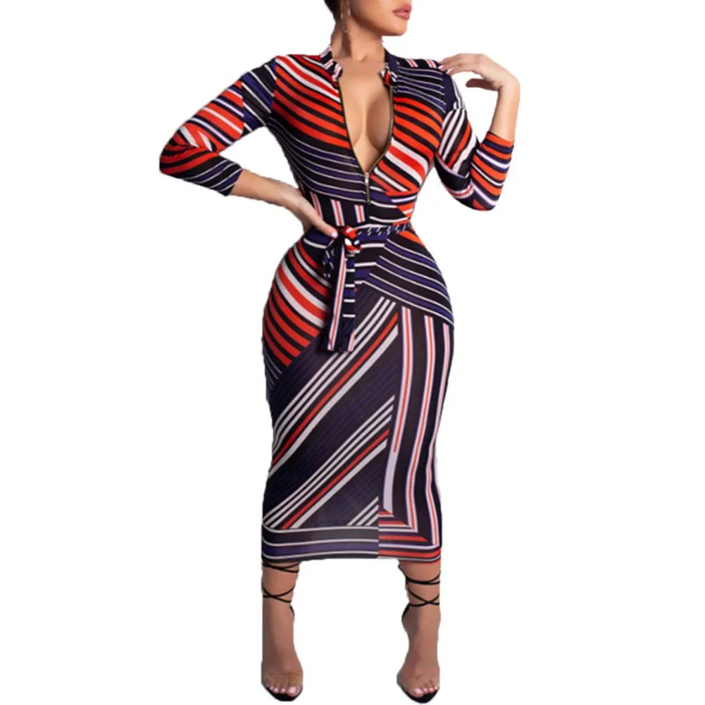 2019 Autumn African Bodycon Dress For Women Dashiki stripe Print Zip Sexy V neck Plus Size Elastic Ankara Slim Clothing | Тематическая