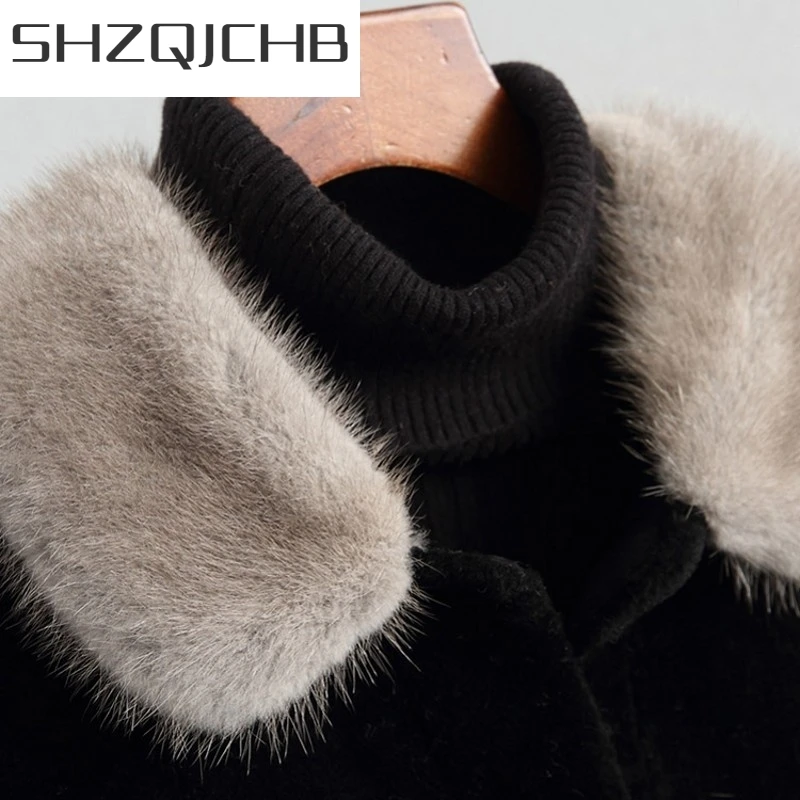 

JCHB 2021 High Quality Winter New Womens Sheep Shearing Real Fur Overcoats Fashion Mink Fur Collar Single Breasted Medium Length