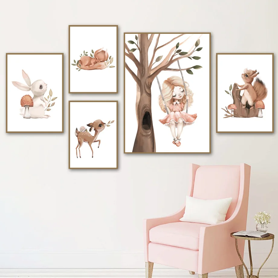Мультяшная милая девушка кролик олень лиса гриб настенная Картина на холсте