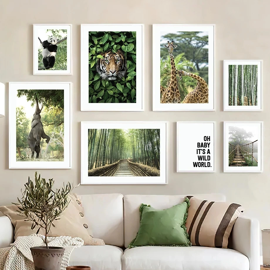 

Mountain Waterfall Bridge Bamboo Elephant Panda Nordic Posters and Prints Wall Art Canvas Painting Wall Pictures Kids Room Decor