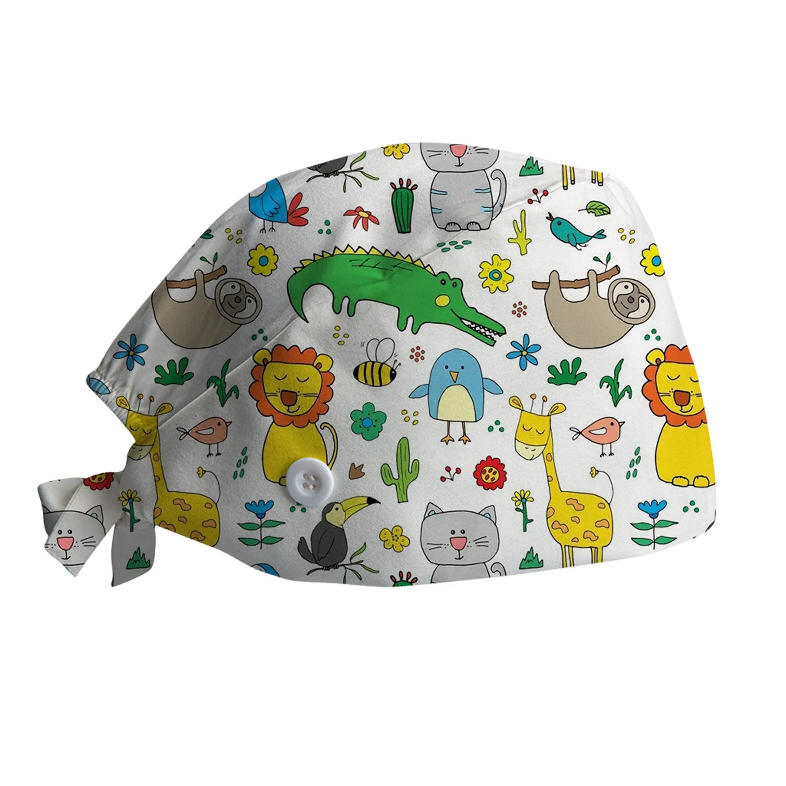 

#4 Working Cap Sweatband Bouffant Turban Hat Button Tie Back Adjustable Sweat Strip Cartoon Print Button Tie Back Adjustable