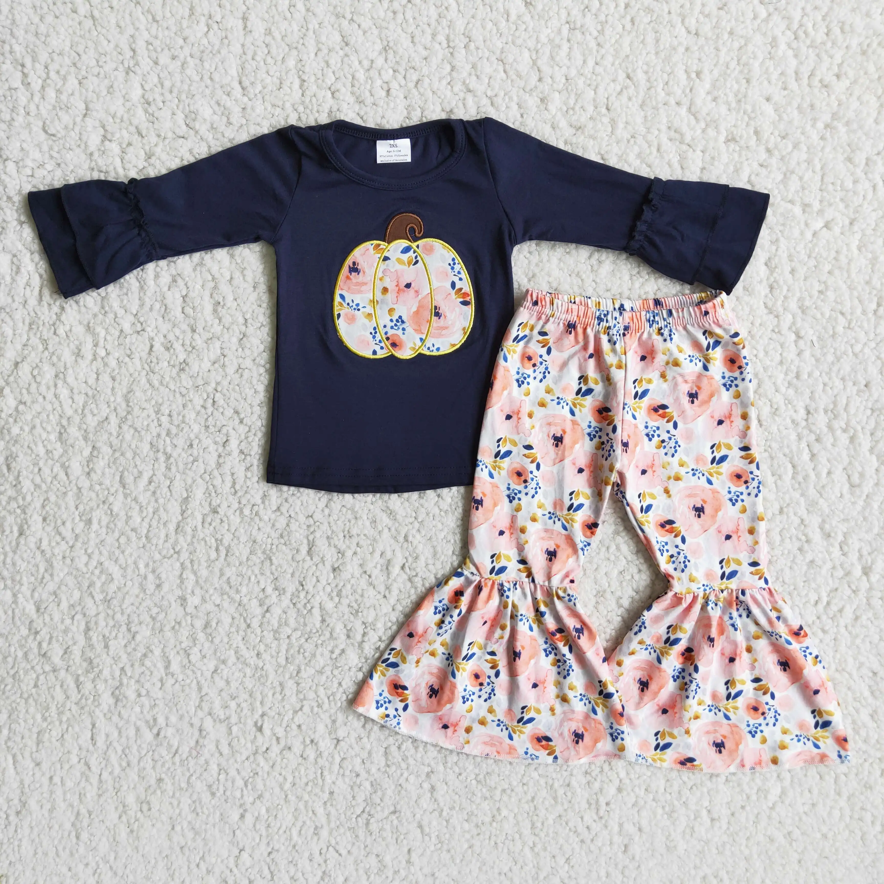 

2021 navy pumpkin embroidery shirt match floral bell bottom pants set little girl boutique clothing kids clothes