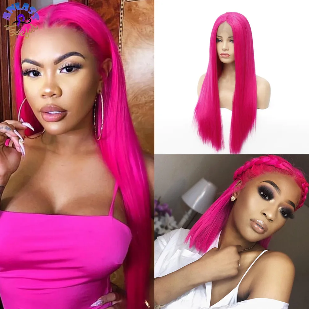 Парик розовый длинный прямой 13x3 синтетические кружевные передние парики для