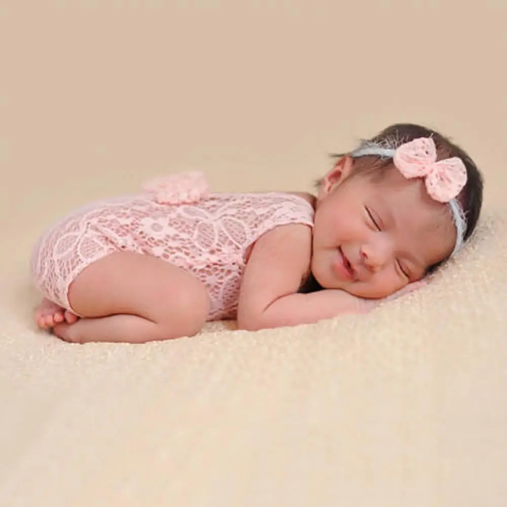 

Newborn Infant Baby Bowknot Headband See Through Lace Romper Set Photo Prop