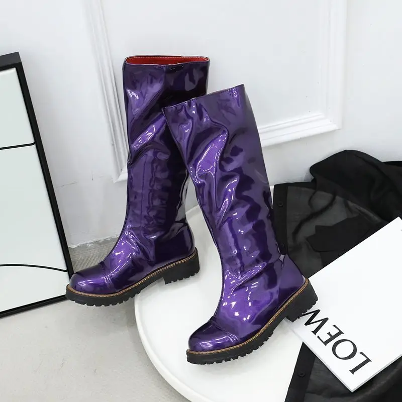 purple EGONERY/изящная женская обувь; Цвет фиолетовый, синий, розовый, красный; сапоги из лакированной кожи по колено; модные мотоциклетные ботинки Осень-зима года - Цвет: purple
