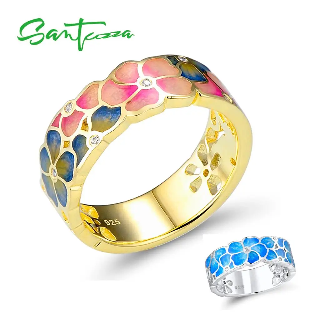 SANTUZZA, серебряное кольцо для женщин, 925 пробы, серебряные, модные кольца для женщин, золотой цвет, кубический цирконий, кольца, вечерние ювелирные изделия, эмаль