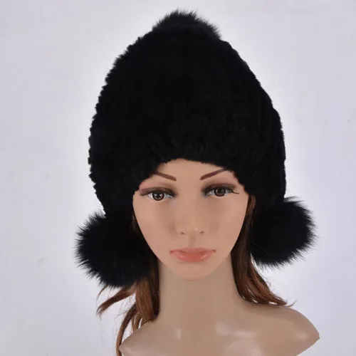 black adult Детские меховые шапки, натуральный мех кролика Рекс, теплые зимние шапки для мальчиков и девочек, меховая шапка, вязаная шапка с заячьими ушками для мамы и ребенка - Цвет: black adult