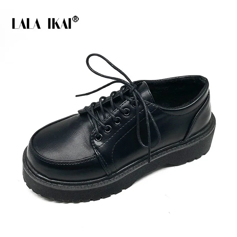 

LALA IKAI Spring Autumn Women Oxford Shoes Flat Platform Shoes Lace Up Leather Shoes Sewing Toe Zapatos Mujer