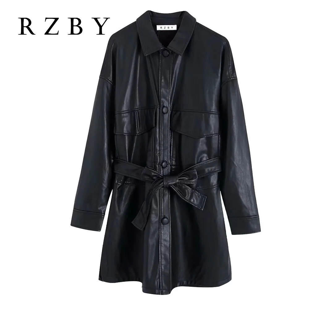 Женский Длинный тренчкот из искусственной кожи черный или коричневый с отложным
