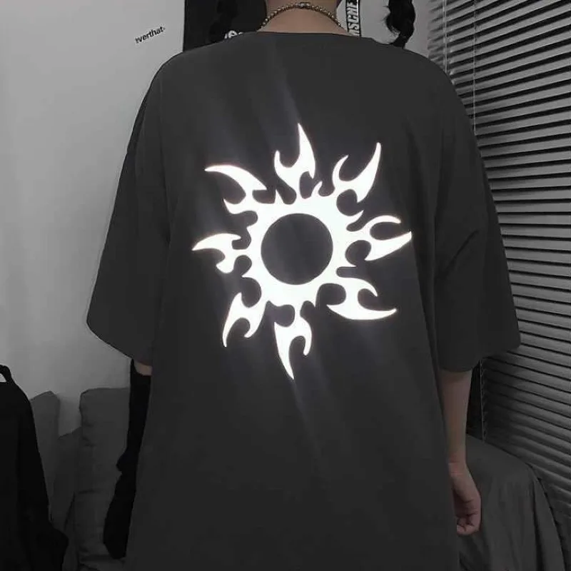 

T-shirt 100% cotton retro Harajuku bf wind M reflective dark high street men and women loose simple shirt short sleeve top