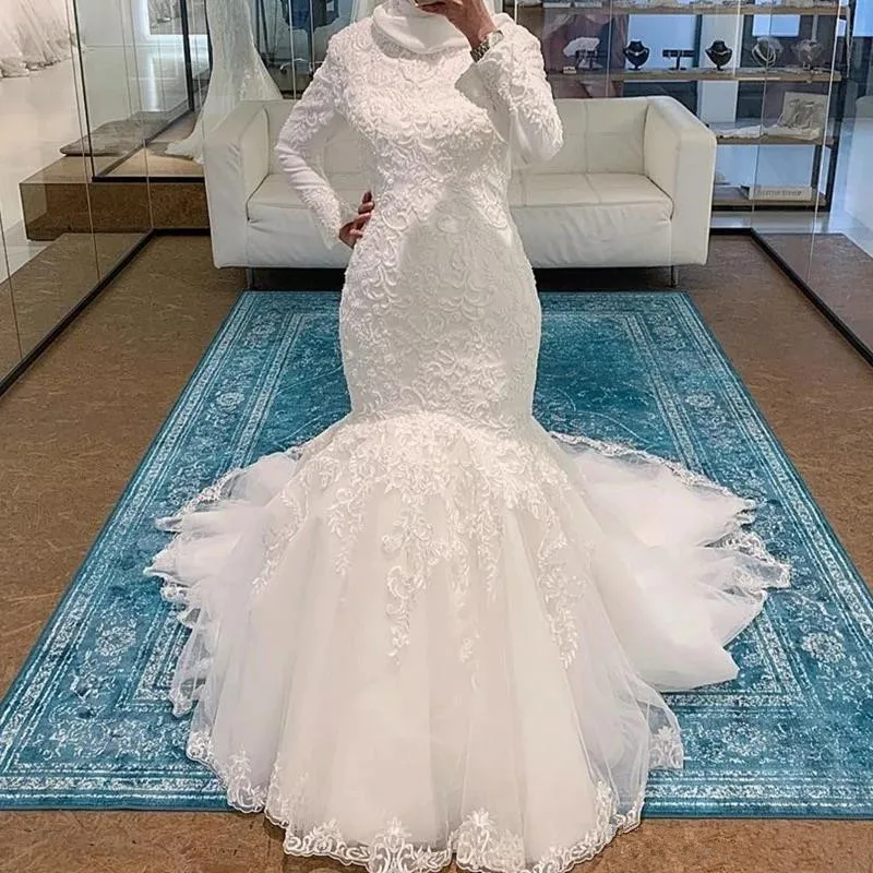 

Modest Muslim Arabic Wedding Dress Mermaid High Neck Long Sleeves Lace Appliqued Beaded Bridal Gowns Custom Made Arabic Vestidos