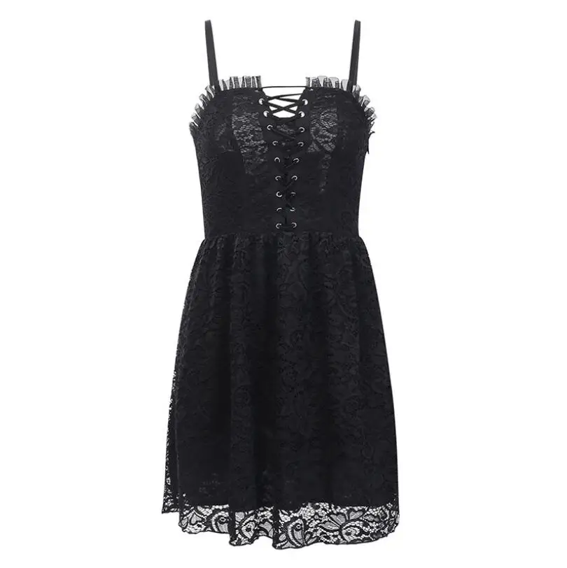 

Gothic Black Sexy Dress Women Spaghetti Strap Black Dress Lace Hollow Out Lace Up Mini Party Dress Female Streetwear 2021 p2211