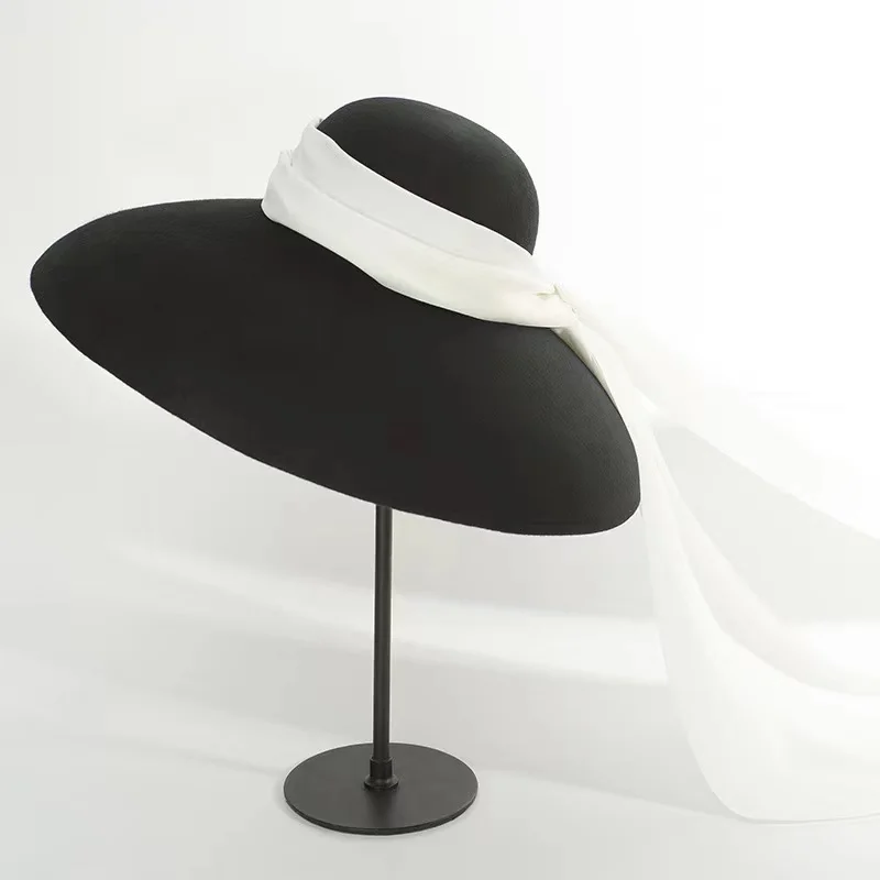Fashion Winter Warm 100% Wool Luxury Hat Catwalk Model Wide Brim White Ribbon Casual Lady Fedoras Top Hat Women Sombrero Mujer