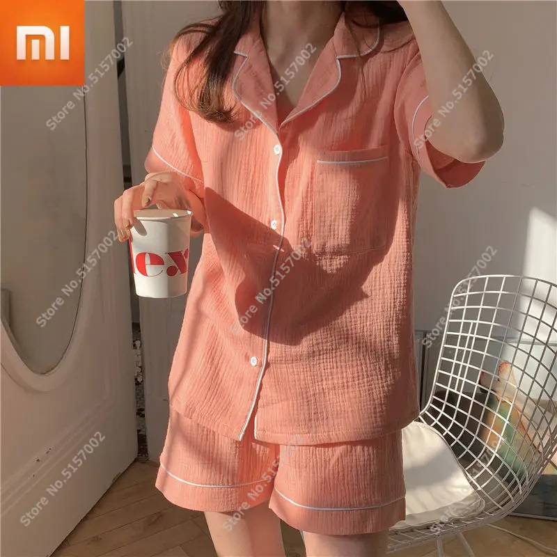 

Хлопковая пижама Xiaomi для пары, пижама из крепа, женская одежда для сна, мягкая дышащая одежда для сна, Удобный домашний костюм с коротким рук...