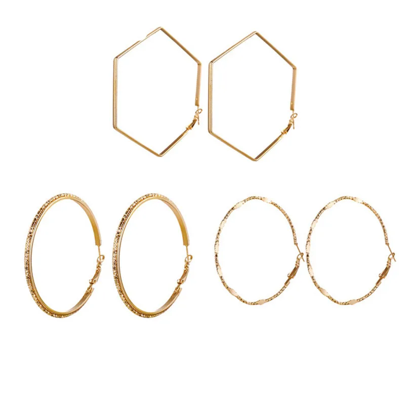 

Earrings, European and American gold metal ring earrings set 3 pairs of creative retro exaggerated earrings.