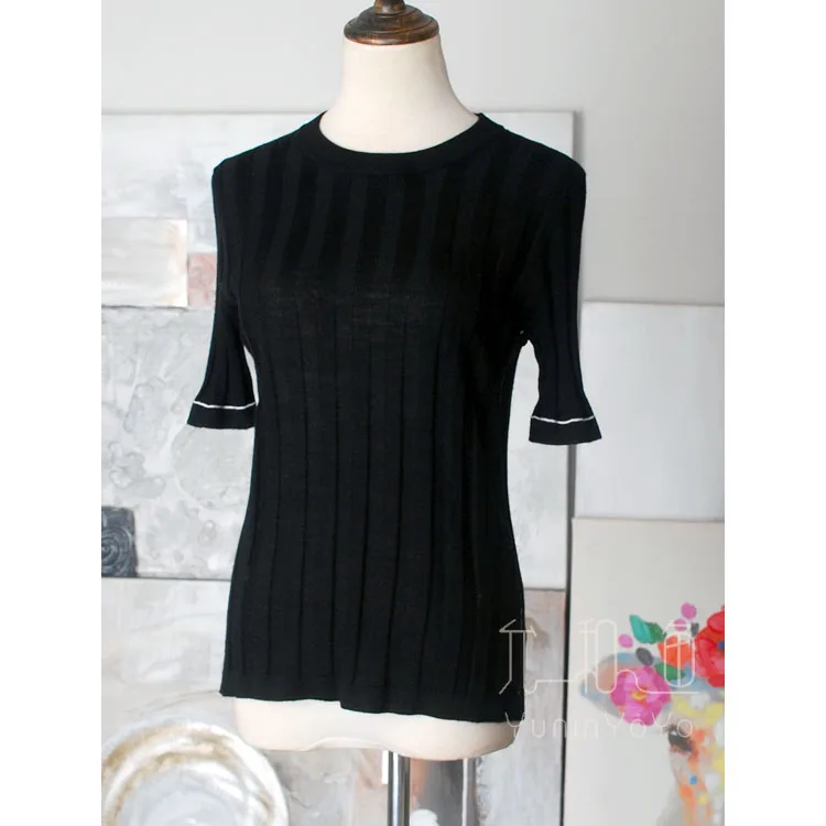 

YUNINYOYO so soft and comfortable. Imported worsted 60 thread 100% wool open linestitching knitted Shortsleev women top T-shirt
