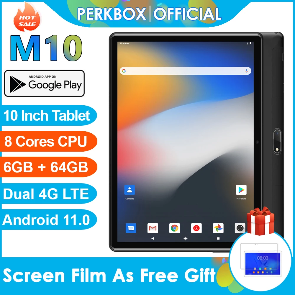 

2022 Perkbox M10 Tablet 10 Inch Octa Core Android 11.0 6GB RAM 64GB ROM 1280x800 HD Screen Dual Cameras 4G LTE WiFi GPS 6000mAh