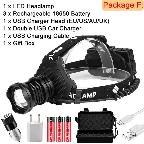 Package F Реальный 6200LM XHP70 светодиодный налобный фонарь USB Перезаряжаемый XHP50 очень яркий фонарь Lanterna Водонепроницаемый внешний аккумулятор использовать 3x18650 - Испускаемый цвет: Package F