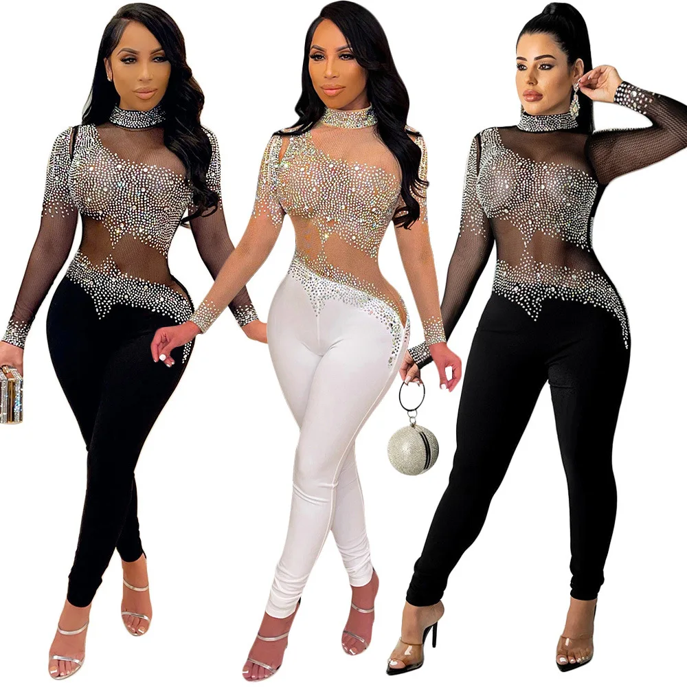 

Sexy Sheer Mesh Patchwork Diamonds See Through Night Party Clubwear Jumpsuit Women Long Sleeve Mock Neck Outfit Romers Overallsl