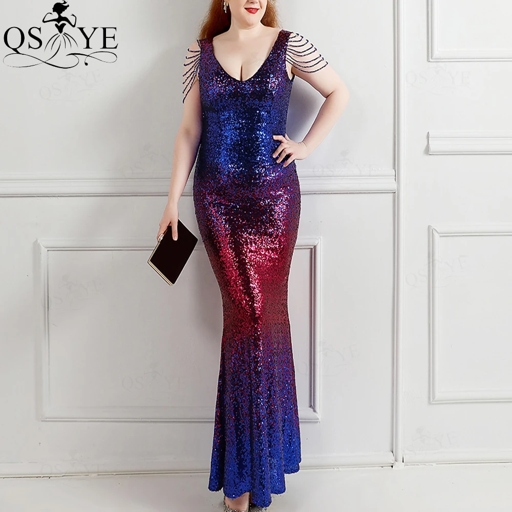 

QSYYE Plus Size Fading Blue Red Evening Dresses Mermaid V-Neck Long Sequin Prom Gown Glitter Beading Straps Party Dresses 2022