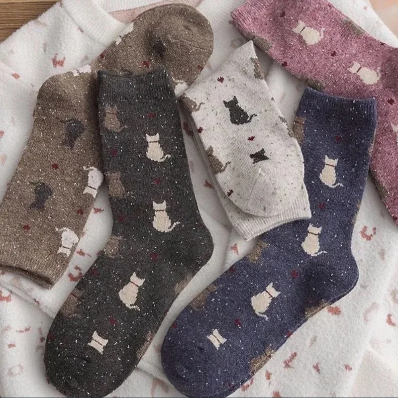 

Socks Women Autumn And Winter Women's Socks In The Tube Thickened Woolen Point Yarn Cat Cartoon Anime Back View Thin Casual Sock