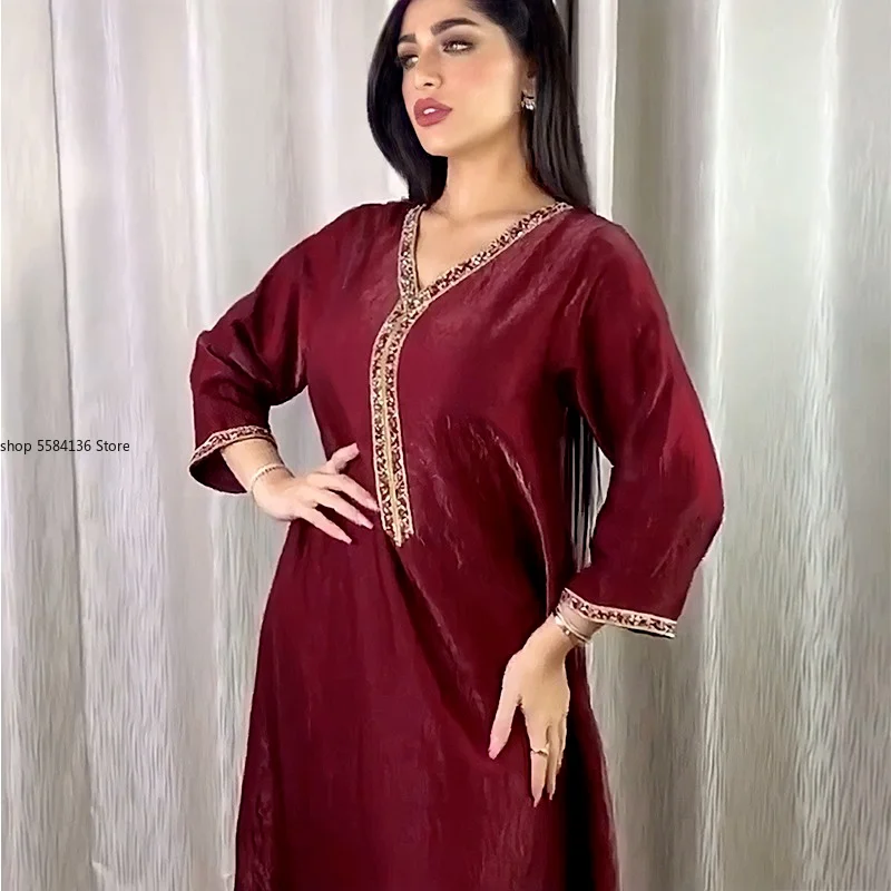 Satin Dubai Abaya Jalabiya Shiny Rhinestones V Neck Long Sleeve Islam Muslim Women Robe Party Dress Arab Turkey Moroccan Kaftan |