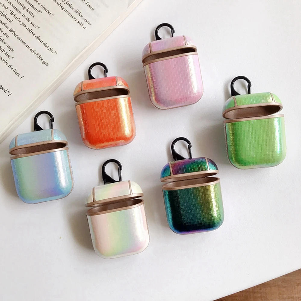Роскошный чехол для Airpods кожаный с крюком блестящий кожи лазерный дизайн Air Pod 1 2