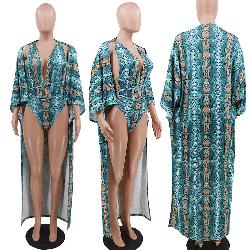 2020 New snake skin printed bandage one piece swimsuit+cover up set sexy women 2PCS/SET beachwear swimsuit cover | Женская одежда