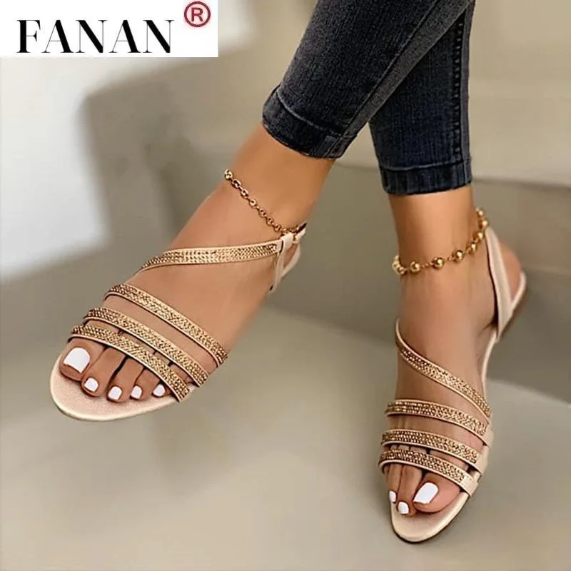 

2021 Summer Women Sandals Beach Flats Rhinestones Open Toe Ladies Shoes Gladiator Gold Female Sandals Sandalias Mujer