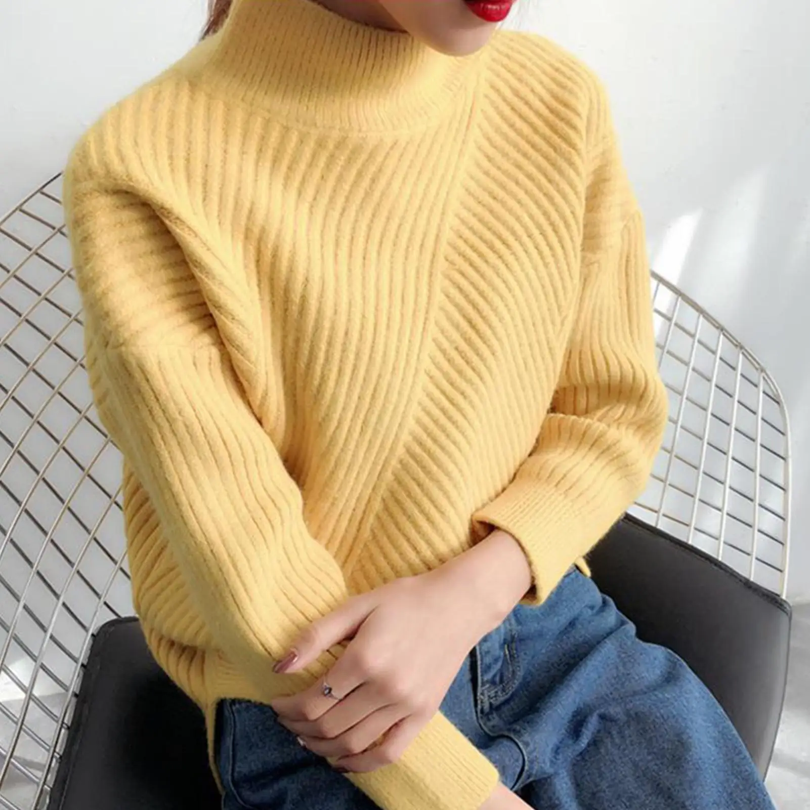 

Pullover Sweater Autumn Winter Women Solid Color Mock Neck Stripe Rib Warm Knitted Sweater свитер женский pull femme 2020