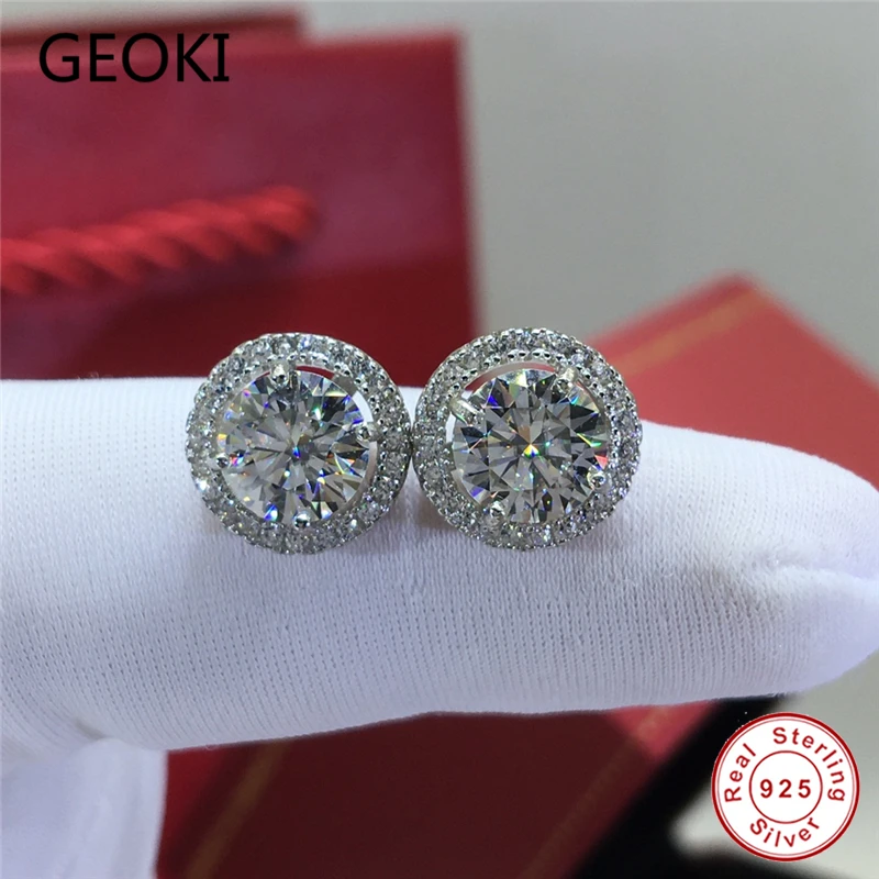 Geoki прошел алмаз Тесты всего 2 Ct Круглый идеальный крой D Цвет VVS1 серьги-гвоздики с