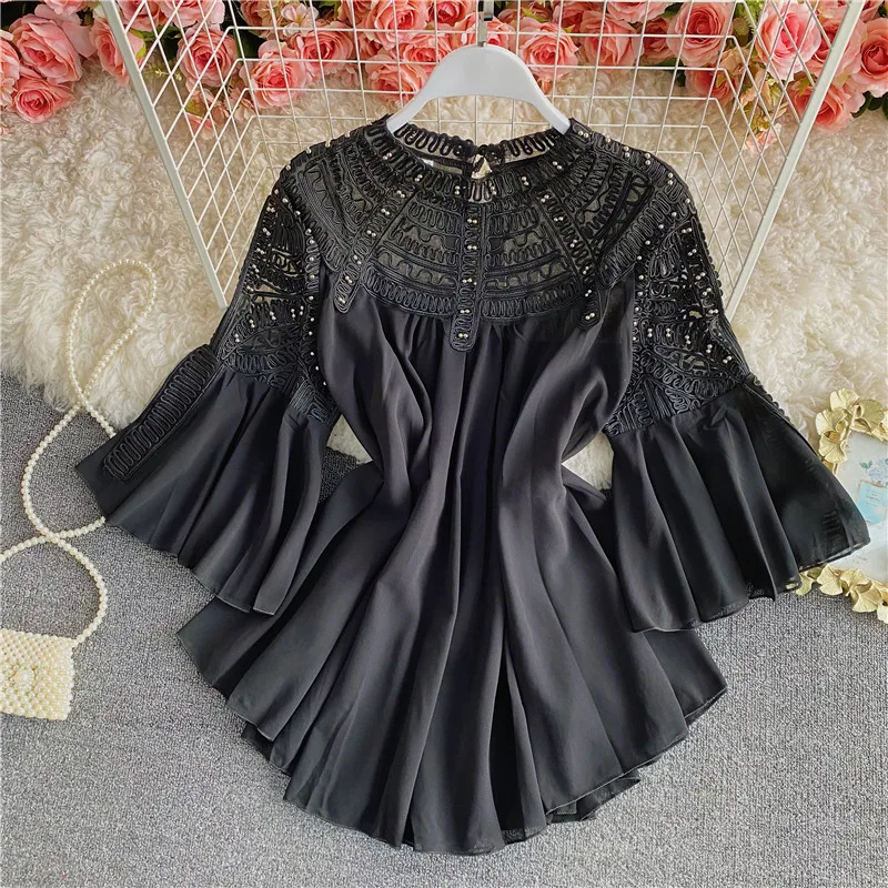 

Spring New Chic Cutout Lace Patchwork Chiffon Top Women Trendy Loose Flare Sleeve Chiffon Blouse TN1747
