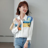 2021 autumn women shirts white irregular loose blouses female tops loose bf korean style print abstract painting shirt