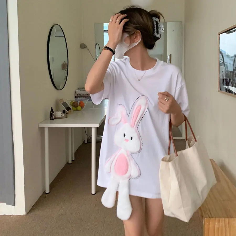 

QWEEK Kawaii Pink Cute Print T-shirt Women 2021 Soft Girl Japanese Sweet Rabbit Bunny Three-dimensional Decotation Summer Tops