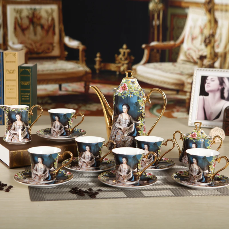 

15 pieces Europe style quality bone china coffee tea set:1 pot+ 1 creamer+1 sugar pot+6 cups +6 saucers
