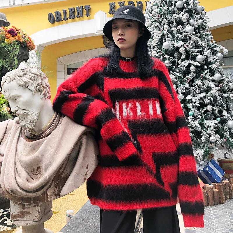 Свободный осенне-зимний полосатый свитер Женский пуловер размера плюс женские