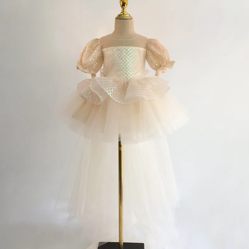Glitter Champagne Flower Girl Dress Short Sleeve Kid Princess Birthday Party Dress First Communion Gown Detachable Tail enlarge