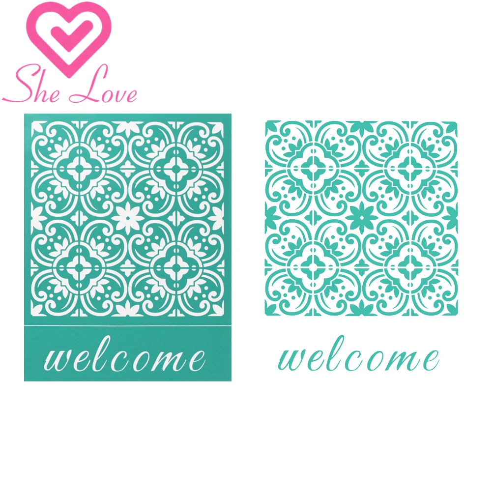 

She Love Silk Screen Printing Stencil Welcome Tile DIY Self-Adhesive Reusable Mesh Stencils Transfer Chalk Stencils for DIY Wood