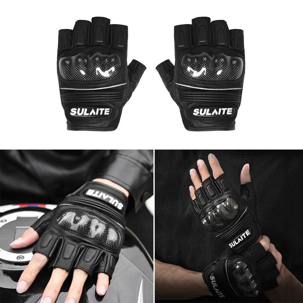 

SULAITE Motorcycle Riding Gloves Half Finger Carbon Fiber Hard Knuckle Sheepskin Racing Gloves for Motocross Motorbike ATV UTV