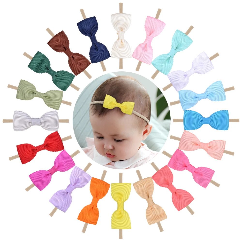 

20pcs/lot Solid Ribbon Bowknot Baby Headband Nylon Elastic Hair Band For Cute Girls Turban Headwear Kids Infant Hair Accessories