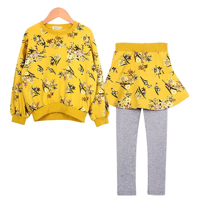 

2021 Teenager Children Girls Floral Clothing Sets Pantskirt Autumn Girl Clothes Cotton T Shirt Sweatshirt + Casual Skirt Pants
