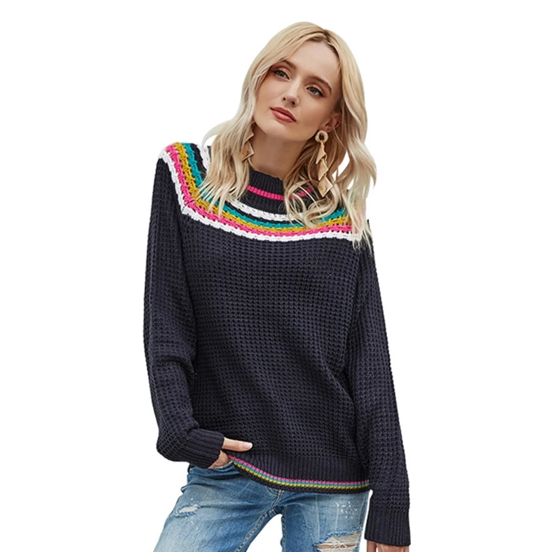 

Women Autumn Chunky Knitted Sweater Ethnic Color Block Rainbow Stripes Pullover Tops Long Sleeve Round Neck Casual Loose Jumper