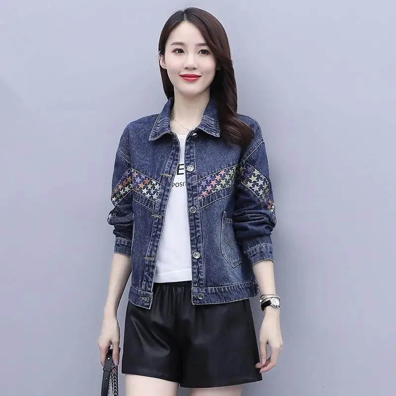 

80-200kg large size Denim Jacket Women's spring and autumn new fashion Korean loose Hong Kong Style patchwork versatile denim